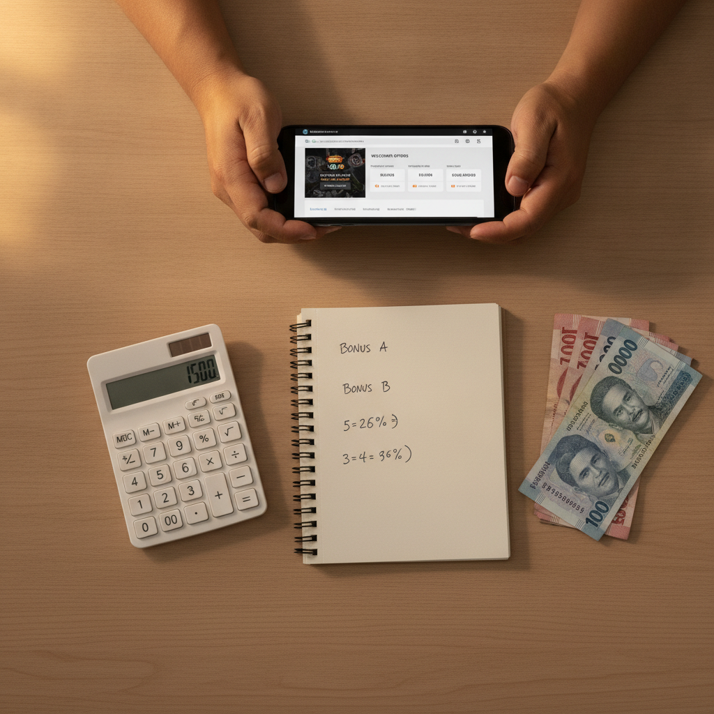Person comparing online casino bonus offers on mobile phone with calculator and peso notes